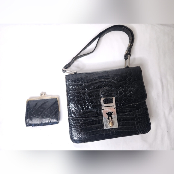Vintage 30s 40s Black Alligator Crocodile Handbag Bag w/Coin